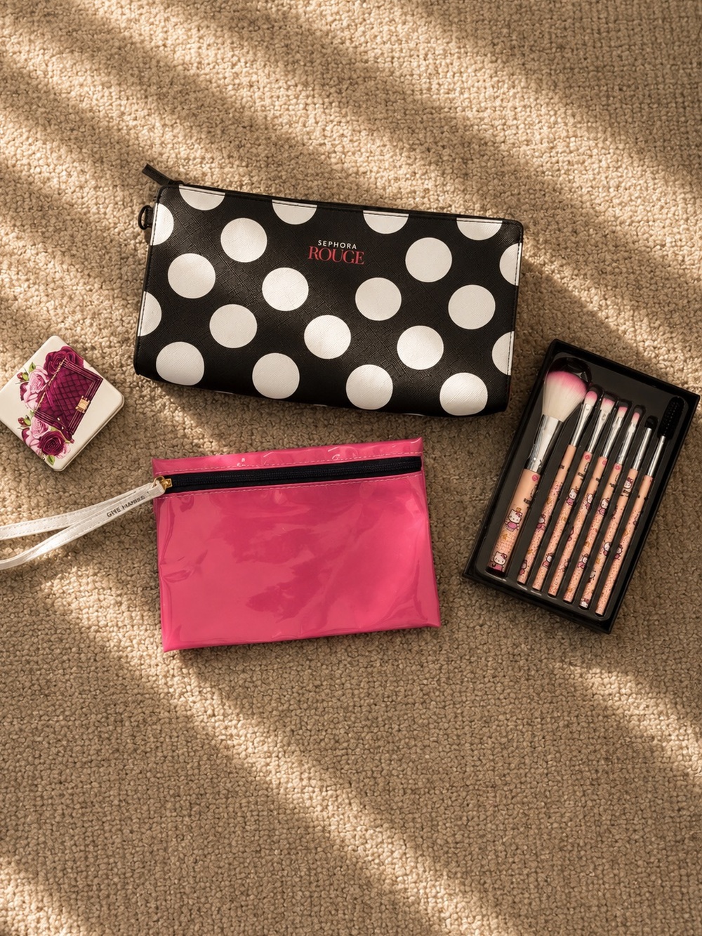 Bundle of Make Up Pouches, Mirror and Hello Kitty Make-Up Brush Set